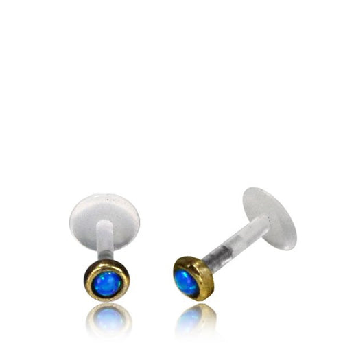 Single Small Brass Tragus, Brass 16g Tribal Labret with Blue Opal, Tribal Nose Stud, Brass Earrings, Tribal Brass Jewelry.