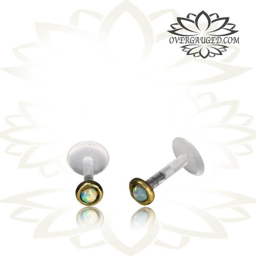 Single Small Brass Tragus Stud, Brass 16g Labret, White Opal Tribal Earring, Tribal Body Jewelry.