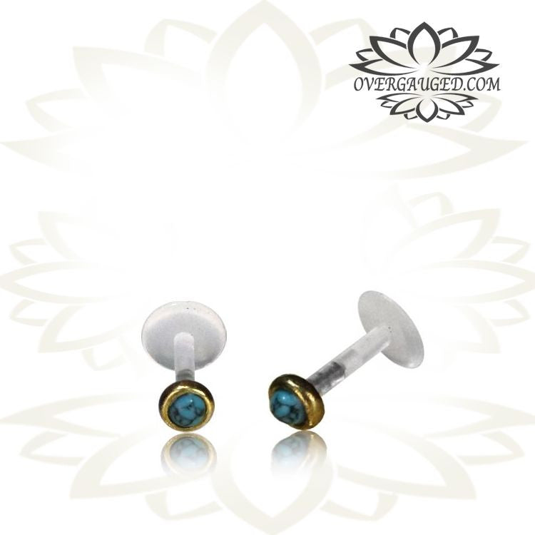 Single 16g Brass Tragus Ring, 16g Labret Ear Stud, Antiqued Labret with Turquoise Stone, Tribal Brass Jewelry, Madonna Lip Piercing Brass Body Jewelry.