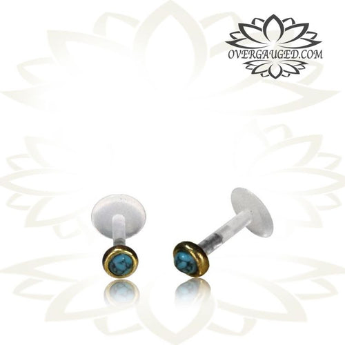 Single 16g Brass Tragus Ring, 16g Labret Ear Stud, Antiqued Labret with Turquoise Stone, Tribal Brass Jewelry, Madonna Lip Piercing Brass Body Jewelry.