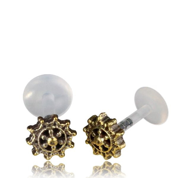 Single Tribal Brass Labret in 16g, Tragus Earring Mandala Flower, Tragus in 16g Antiqued Tribal Jewelry, Brass Ear Stud.