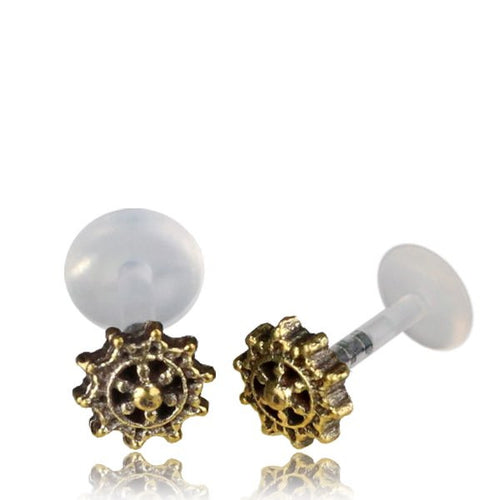 Single Tribal Brass Labret in 16g, Tragus Earring Mandala Flower, Tragus in 16g Antiqued Tribal Jewelry, Brass Ear Stud.