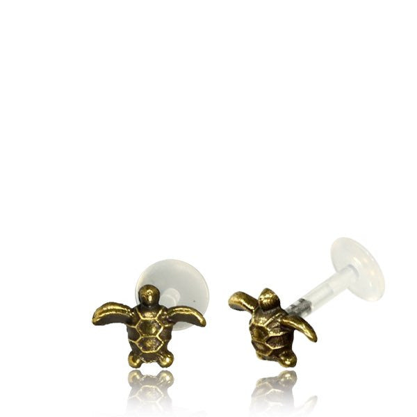 Single 16g Brass Tragus, Tribal Brass Labret of Sea Turtle, Tribal Brass Earring, Madonna Lip, Tribal Piercing, Body Jewelry.