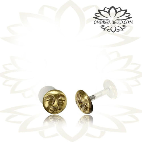 Single Brass Tragus in 16g, Brass Labret Stud, Antiqued Man in the Moon Jewelry, Moon Face Earring, Brass Body Jewelry.