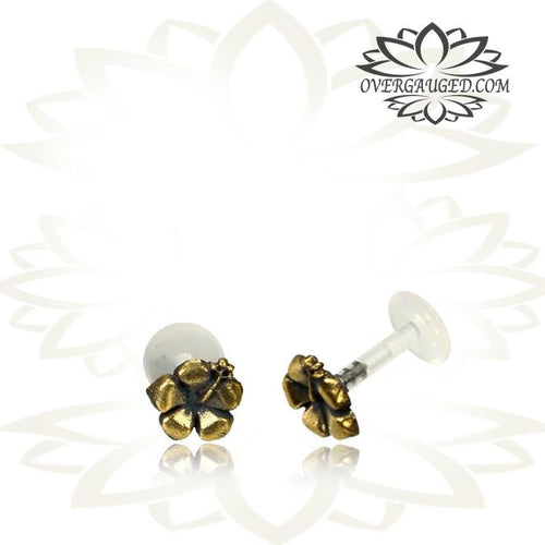 Single Brass Tragus Stud in 16g, Tribal Brass Flower and Bio PlastiK Labret, Brass Tragus Stud, Tribal Brass Jewelry.