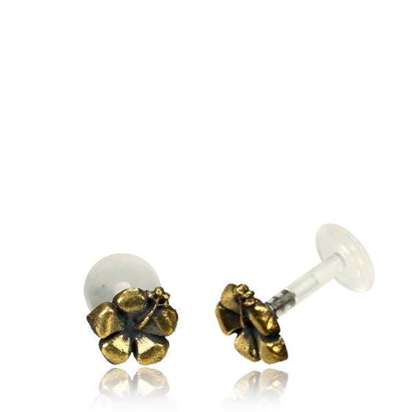 Single Brass Tragus Stud in 16g, Tribal Brass Flower and Bio PlastiK Labret, Brass Tragus Stud, Tribal Brass Jewelry.