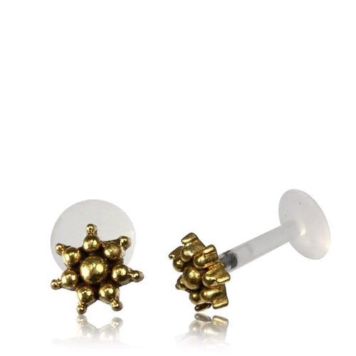 Single 16g Brass Labret, Brass Tragus in 16g, Tribal Labret Jewelry, Antiqued Brass Flower Tragus, Tribal Ear Stud, Brass Earrings,  Madonna Lip Piercing.