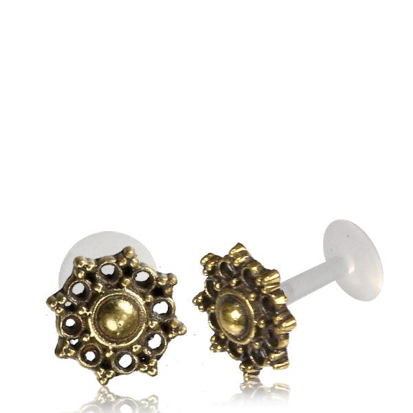 Single Brass 16g Labret, Brass Tragus in 16g, Tribal Brass Labret Stud, Antiqued Brass Tribal Earrings, Madonna Lip Piercing, Tribal Earring.
