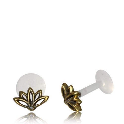 Single Tragus Earring in 16g, Brass Labret Piercing, Antiqued Brass Lotus Flower, Tribal Madonna Lip Piercing, Tribal Body Jewelry.