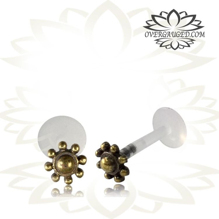 Single Brass Tragus Stud in 16g, Tribal Brass Labret, Tribal Brass Earring, Tribal Body Jewelry.