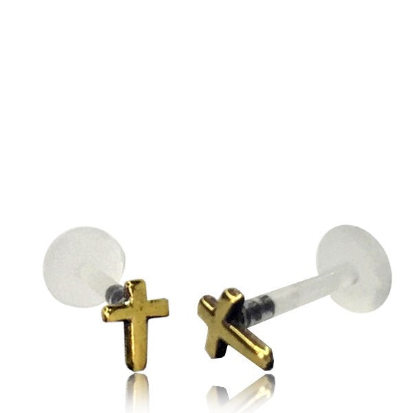 Single 16g Tribal Brass Labret, Brass Cross Labret Bio PlastiK Post, Brass Tragus Earring, Tribal Body Jewelry.