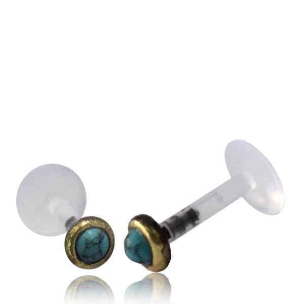 Single 16g Brass Tragus Ring, 16g Labret Ear Stud, Antiqued Labret with Turquoise Stone, Tribal Brass Jewelry, Madonna Lip Piercing Brass Body Jewelry.