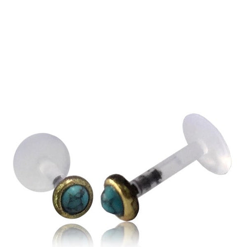 Single 16g Brass Tragus Ring, 16g Labret Ear Stud, Antiqued Labret with Turquoise Stone, Tribal Brass Jewelry, Madonna Lip Piercing Brass Body Jewelry.
