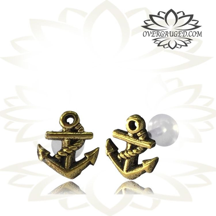 Single 16g (1.2mm) Brass Anchor Labret Tragus, Antiqued Tribal Labret Earring, Madonna Piercing, Lip Ring.