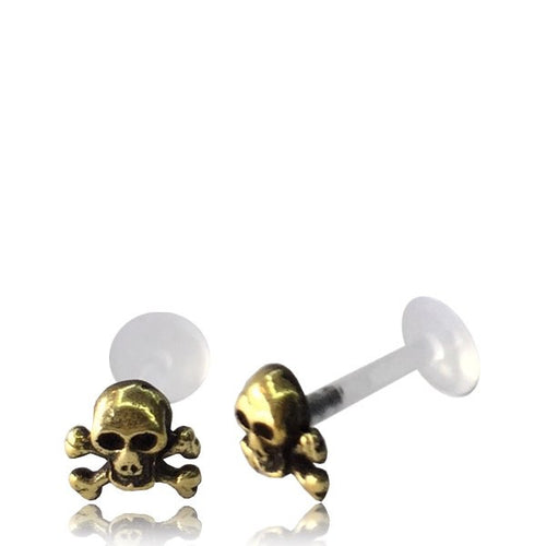 Single 16g Brass Skull Labret, Brass Tragus Antiqued Tribal Ear Stud, Helix Earring, Madonna Lip Piercing, Tribal Brass Body Jewelry.