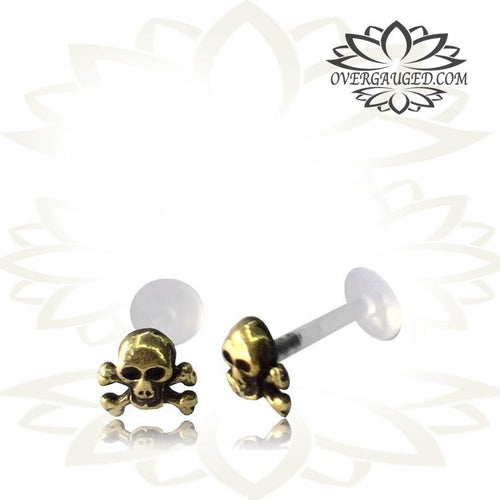 Single 16g Brass Skull Labret, Brass Tragus Antiqued Tribal Ear Stud, Helix Earring, Madonna Lip Piercing, Tribal Brass Body Jewelry.