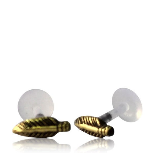 Single Tribal Brass Tragus 16g, Brass Labret Stud, Antiqued Brass Feather Tribal Earring, Madonna Lip Piercing, Tribal Body Jewelry.