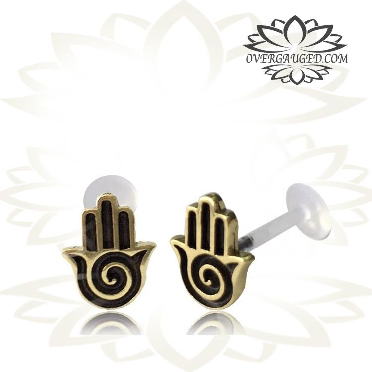 Single Brass 16g Labret with Fatima Hand and Bio-PlastiK Labret, Tragus Earring, Helix, Conch, Earring, Nose Stud.