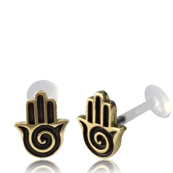 Single Brass 16g Labret with Fatima Hand and Bio-PlastiK Labret, Tragus Earring, Helix, Conch, Earring, Nose Stud.
