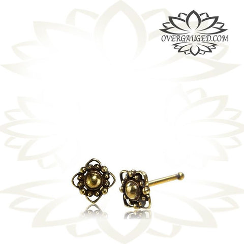 Single Tribal Silver Nose Stud, Nose Ring with Flower Deep Red Garnet inlay, 20g (.8mm) Nose Ring, L Shape Nose Pin, Tribal Silver Jewelry, Body Jewelry.