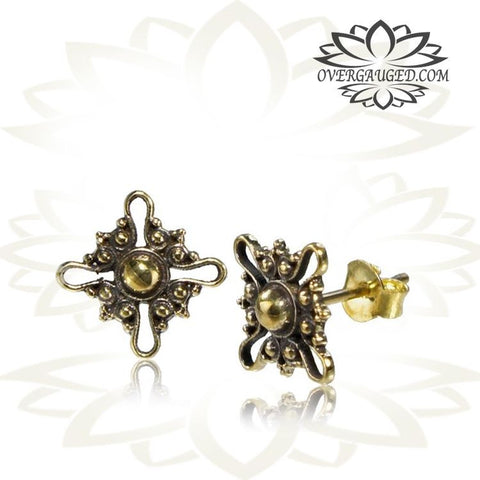 Pair Brass Ear Studs Ornate Tribal Tree Of Life Ear Stud Jewelry Brass Earrings Body Jewelry.
