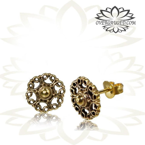 Pair 14g (1.6mm) Brass Earrings, Tribal Brass Jewelry Mandala Flower with Turquoise Stone, Double Sided.