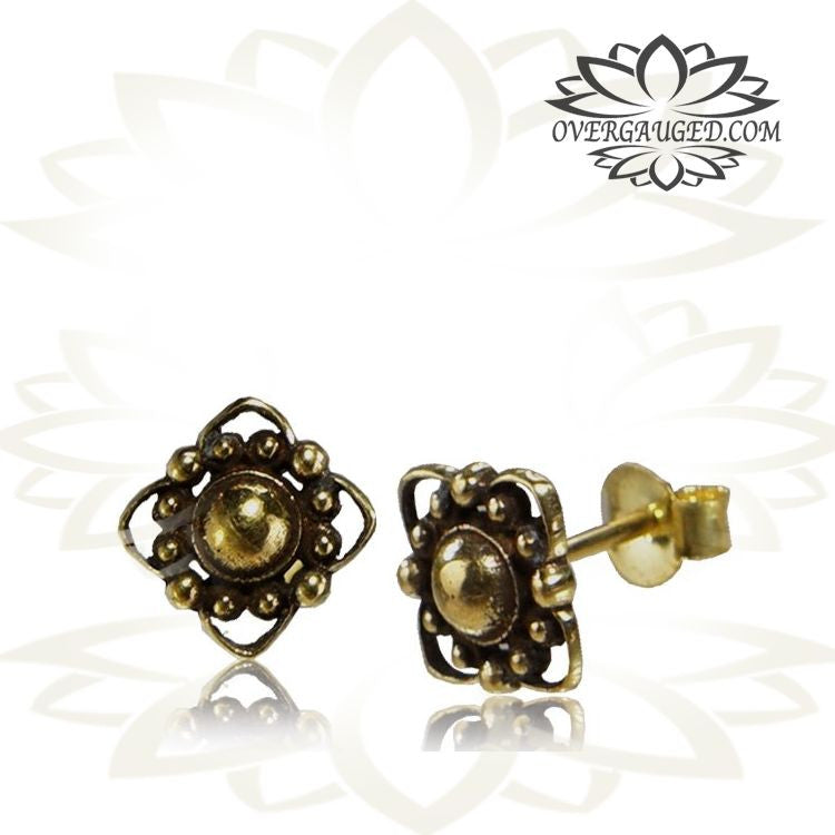 Pair Ornate Brass Ear Studs, Tribal Afghan Flower Ear Stud Jewelry, Brass Earrings.