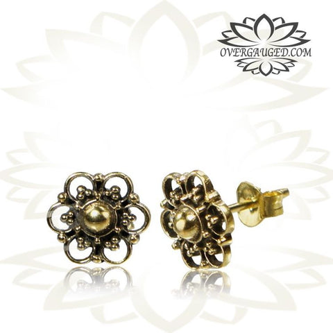 Pair Brass Ear Studs Ornate Tribal Tree Of Life Ear Stud Jewelry Brass Earrings Body Jewelry.