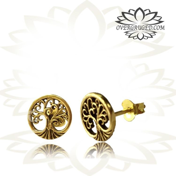 Pair Brass Ear Studs Ornate Tribal Tree Of Life Ear Stud Jewelry Brass Earrings Body Jewelry.