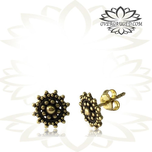 Pair Ornate Brass Ear Studs Antiqued Afghan Style Brass Jewelry.
