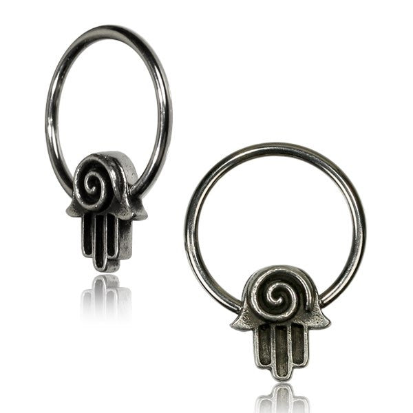 CBR Pair White Brass Earrings Hamsa Hand (Fatima Hand) BCR, Nipple Rings, Earrings, Body Jewelry Piercing.