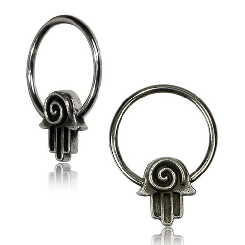 CBR Pair White Brass Earrings Hamsa Hand (Fatima Hand) BCR, Nipple Rings, Earrings, Body Jewelry Piercing.