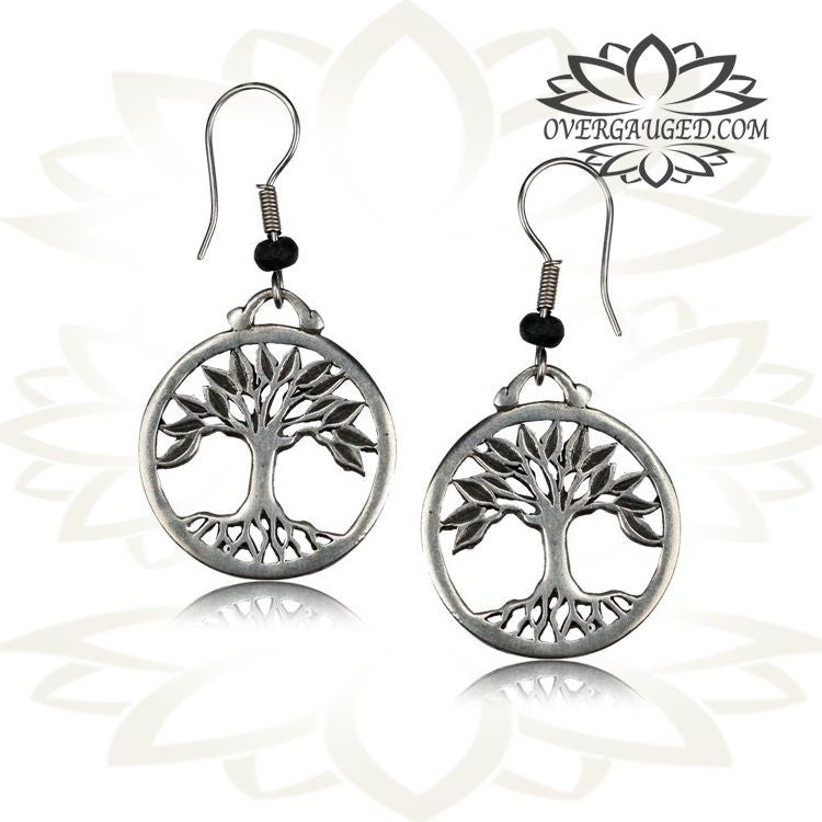 Pair of Ornate Antiqued White Brass Tree of Life Earrings. White Brass Jewelry.