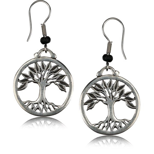 Pair of Ornate Antiqued White Brass Tree of Life Earrings. White Brass Jewelry.