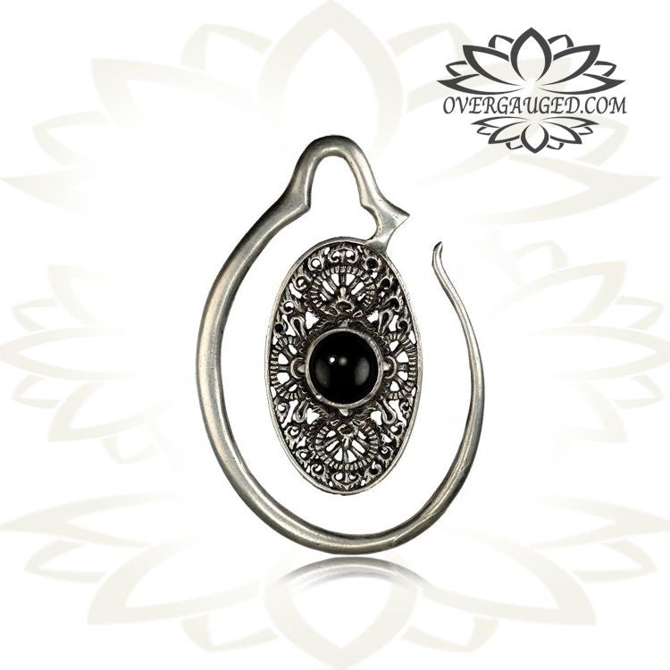 Pair White Brass Ear Weights, Brass Earrings in 6g, Antiqued Oval Spirals with Onyx Stone, Brass Body Jewelry.