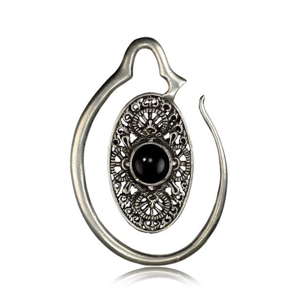 Pair White Brass Ear Weights, Brass Earrings in 6g, Antiqued Oval Spirals with Onyx Stone, Brass Body Jewelry.