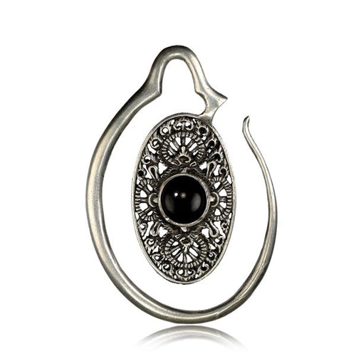 Pair White Brass Ear Weights, Brass Earrings in 6g, Antiqued Oval Spirals with Onyx Stone, Brass Body Jewelry.