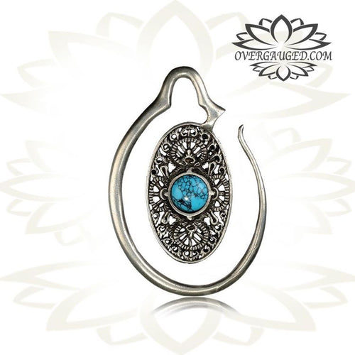 Pair Ornate White Brass Ear Weights 6g, Double Sided Brass Spirals, Antiqued Tribal Gauges with Turquoise Earrings, Silver Ear Weights, Brass Body Jewelry.