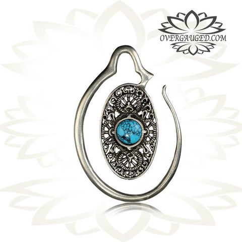 Pair 14g (1.6mm) Brass Earrings, Tribal Brass Jewelry Mandala Flower with Turquoise Stone, Double Sided.