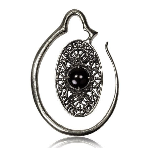 Pair White Brass Ear Weights, Brass Earrings in 6g, Antiqued Oval Spirals with Onyx Stone, Brass Body Jewelry.