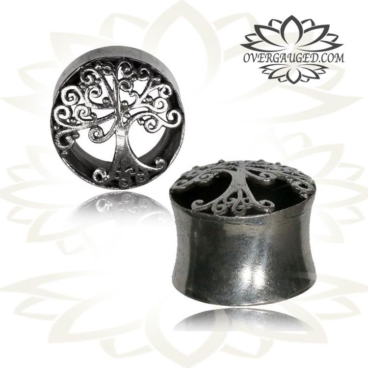 Pair White Brass Tunnels, Tree of Life Gauges, Tribal Brass Plugs, Ear Gauges, Tribal Body Jewelry