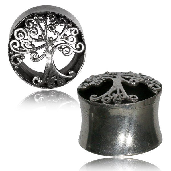 Pair White Brass Tunnels, Tree of Life Gauges, Tribal Brass Plugs, Ear Gauges, Tribal Body Jewelry