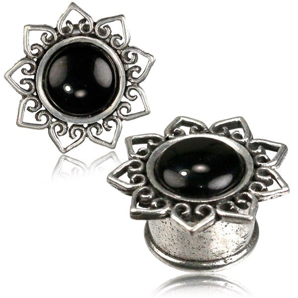 Pair Ornate White Brass Plugs with Lotus Bloom, Tribal Gauges with Onyx Stone, Tribal Ear Gauges, Double Flared Plugs, Brass Tunnels, Tribal Body Jewelry.