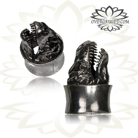 Pair Antiqued White Brass Gauges, Tribal Wheel of Karma Plugs, White Brass Ear Plugs, Tribal Brass Jewelry.