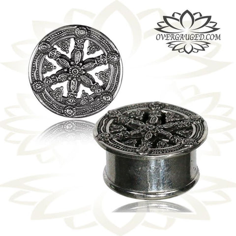 Pair Antiqued Afghan Brass Plugs, Tribal Ornate Brass Gauges, Double Flared Tribal Gauges, Brass Body Jewelry.