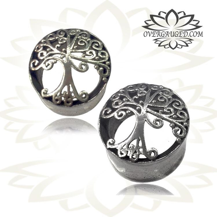 Pair White Brass Tunnels, Tree of Life Gauges, Tribal Brass Plugs, Ear Gauges, Tribal Body Jewelry