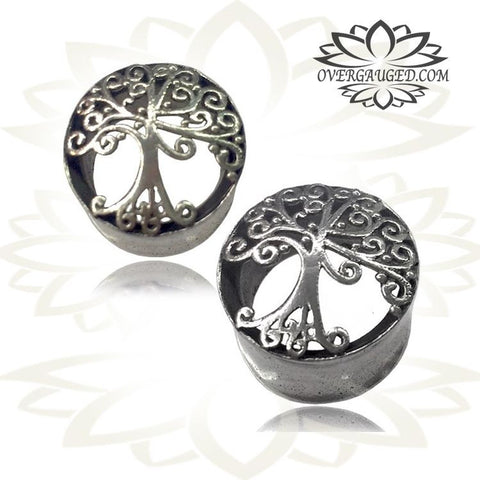 Pair Antiqued White Brass Gauges, Tribal Wheel of Karma Plugs, White Brass Ear Plugs, Tribal Brass Jewelry.
