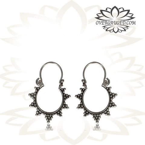 Pair Antiqued Tribal Silver Earrings - Tribal Afghan Silver Hoop Earrings, Dangling Silver Hoops, Tribal Silver Jewelry.