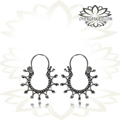 Pair Antiqued Tribal Silver Earrings - Tribal Afghan Silver Hoop Earrings, Dangling Silver Hoops, Tribal Silver Jewelry.