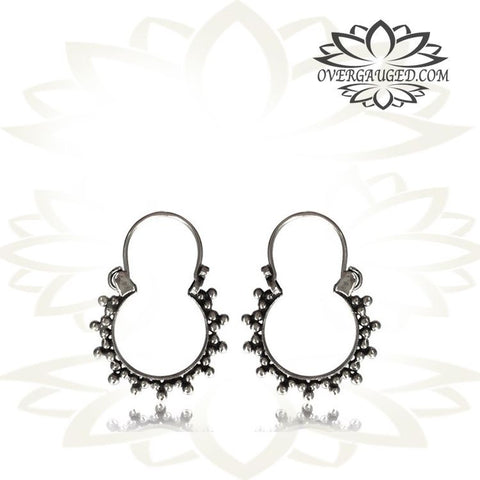 Pair Antiqued Hanging Tribal Silver Earrings - Dangling Silver Afghan Hoop Earrings, Tribal Silver Hoops.